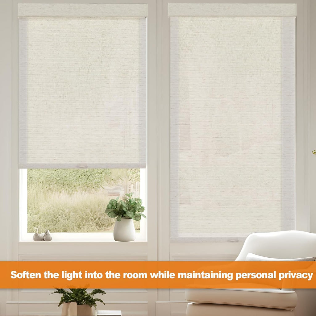 Persilux Custom Size Light Filtering Cordless Roller Blinds Natural Woven Stripes Fabric Thermal Insulation Privacy Roller Shades for Home,Office,Bedroom,Cream Color