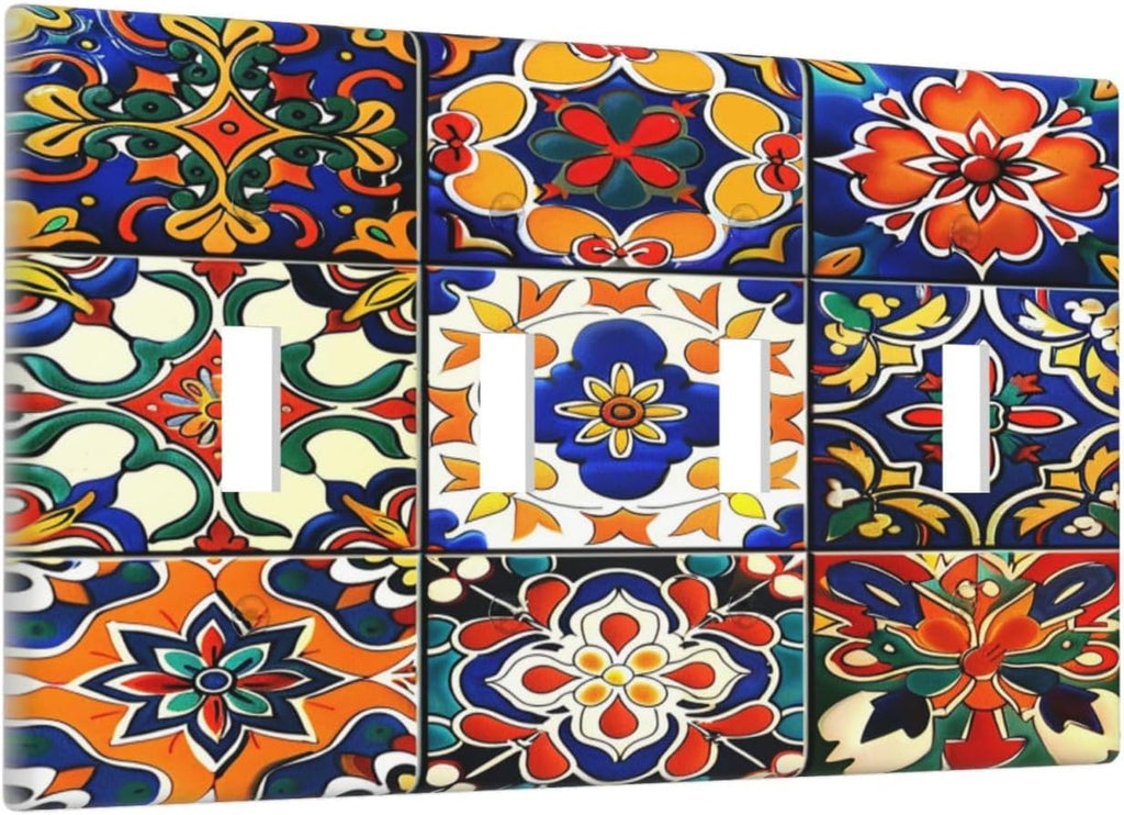 Light Switch Covers Colorful Mexican Talavera Vintage Boho Floral Quad Toggle Electrical Faceplate 4 Gang Wall Plate Decorative Switch Plates For Farmhouse Cabin Decor