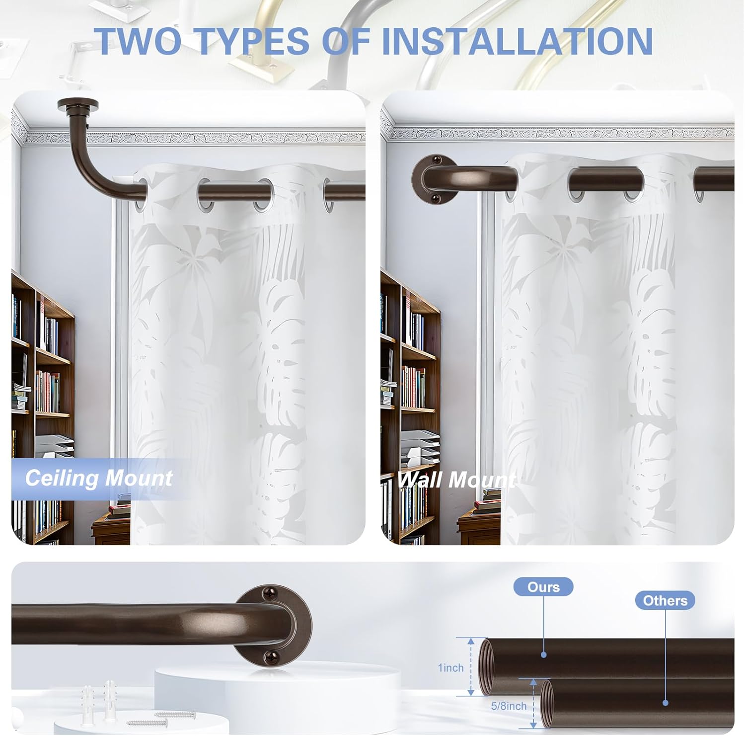 Bronze Wrap Around Curtain Rods 28 to 60 Inch:Blackout Heavy duty Adjustable Window Curtain Rod for Bedroom,Industrial Darkening Curved French Metal Single Drapery Rods Set Easy Install,Brown