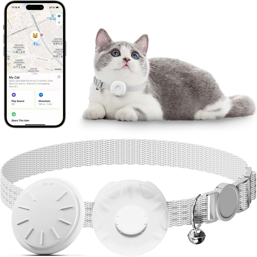 Cat Tracker,Pet Tracker for Cats Compatible with Apple Find My App(Only iOS),Waterproof Tracker Cat Collar with Safety Elastic Buckle,No Monthly Fee,Works with Any Collar (White)