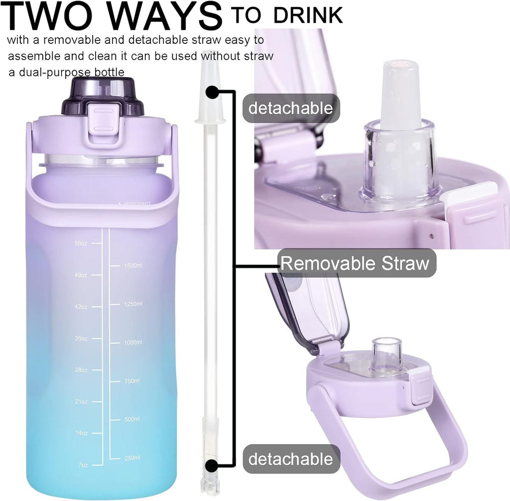 RYI Large Half Gallon 64 OZ Motivational Water Bottle with Straw Time Marker BPA Free for Sport and Fitness Purple Green