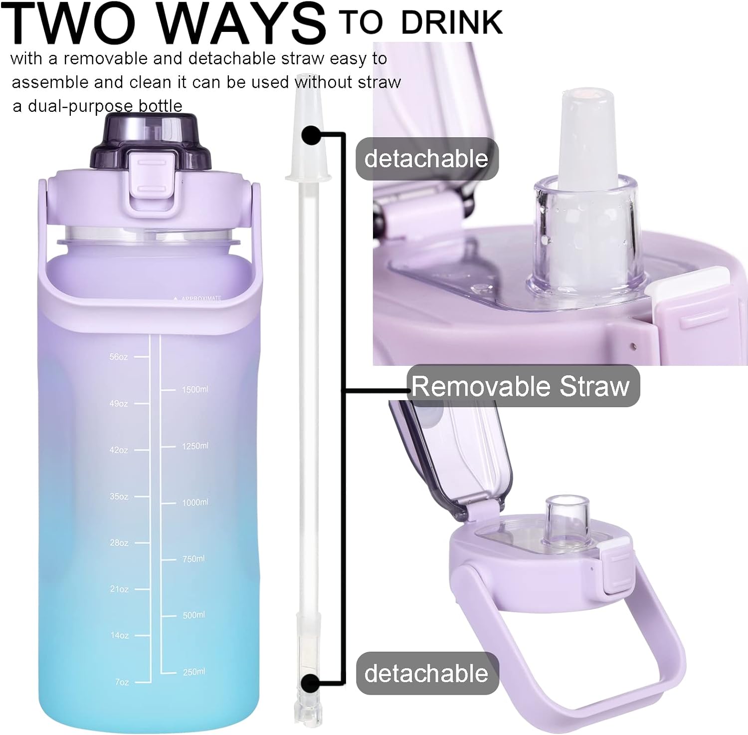 RYI Large Half Gallon 64 OZ Motivational Water Bottle with Straw Time Marker BPA Free for Sport and Fitness Purple Green