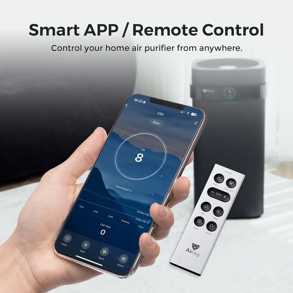 Airdog X5+ Air Purifier for Large Rooms up to 1600 Ft², Smart App Control, Built-In Air Quality Monitor, Washable Filter, TPA Technology 20X More Effective Than HEPA,Black