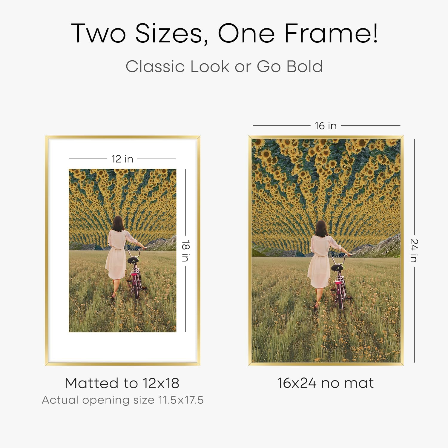 Homeforia 16 x 24 Picture Frame Gold, High End Metal 16x24 Poster Frames with Mat 12x18 Photo, 16 x 24 Gold Frame Matted to 12 by 18 Print, 24x16 Thin Hanging Frame, Tempered Glass, Wall Kit, Set of 4