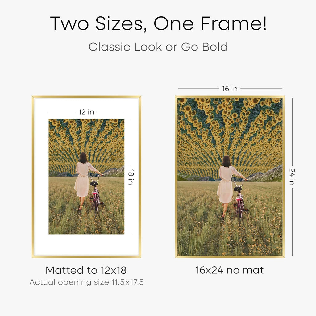 Homeforia 16 x 24 Picture Frame Gold, High End Metal 16x24 Poster Frames with Mat 12x18 Photo, 16 x 24 Gold Frame Matted to 12 by 18 Print, 24x16 Thin Hanging Frame, Tempered Glass, Wall Kit, Set of 2