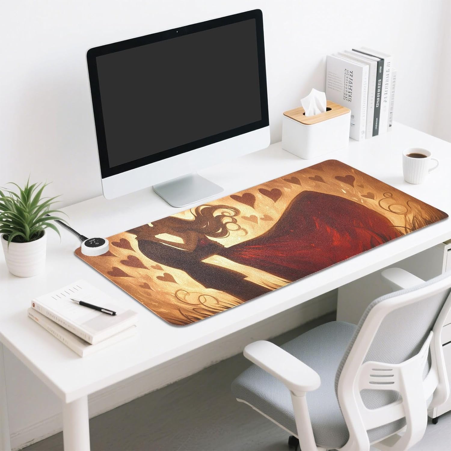 Large Heated Mouse Pad,Leather Desk Mat,31.5"x13",Hand Warmer Pads for Desk,Love(Brown)