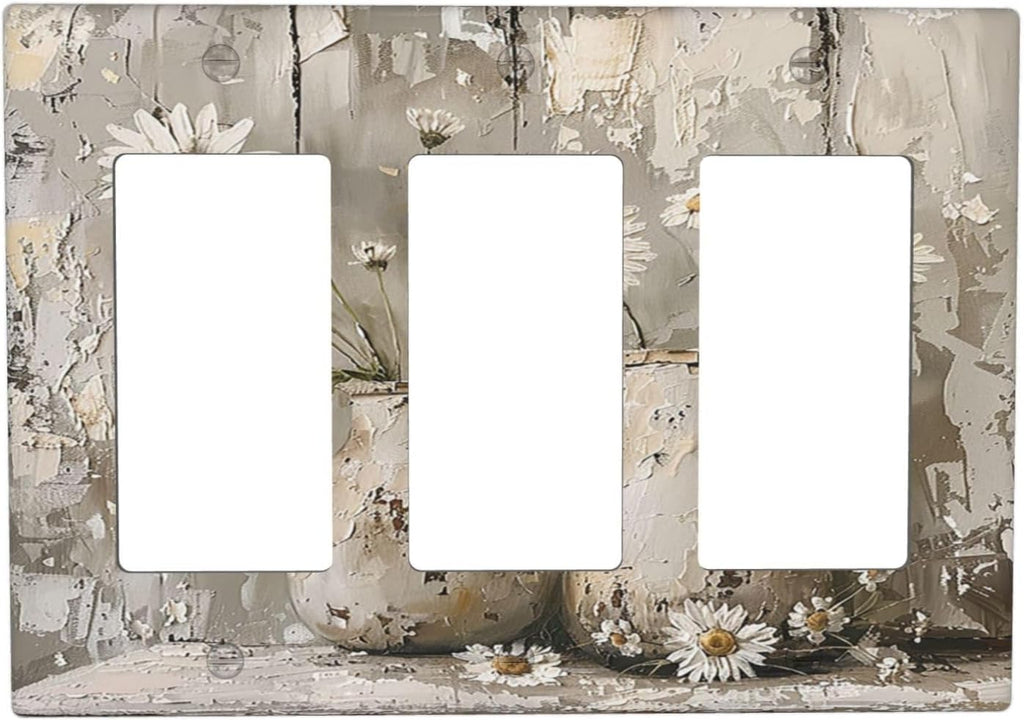 Light Switch Covers Vintage Rustic Floral White Daisy Flower Oil Painting Style 3 Gang Rocker Electrical GFCI Decorative Triple Outlet Wall Plate Cover Switchplate for Home Farmhouse Decor