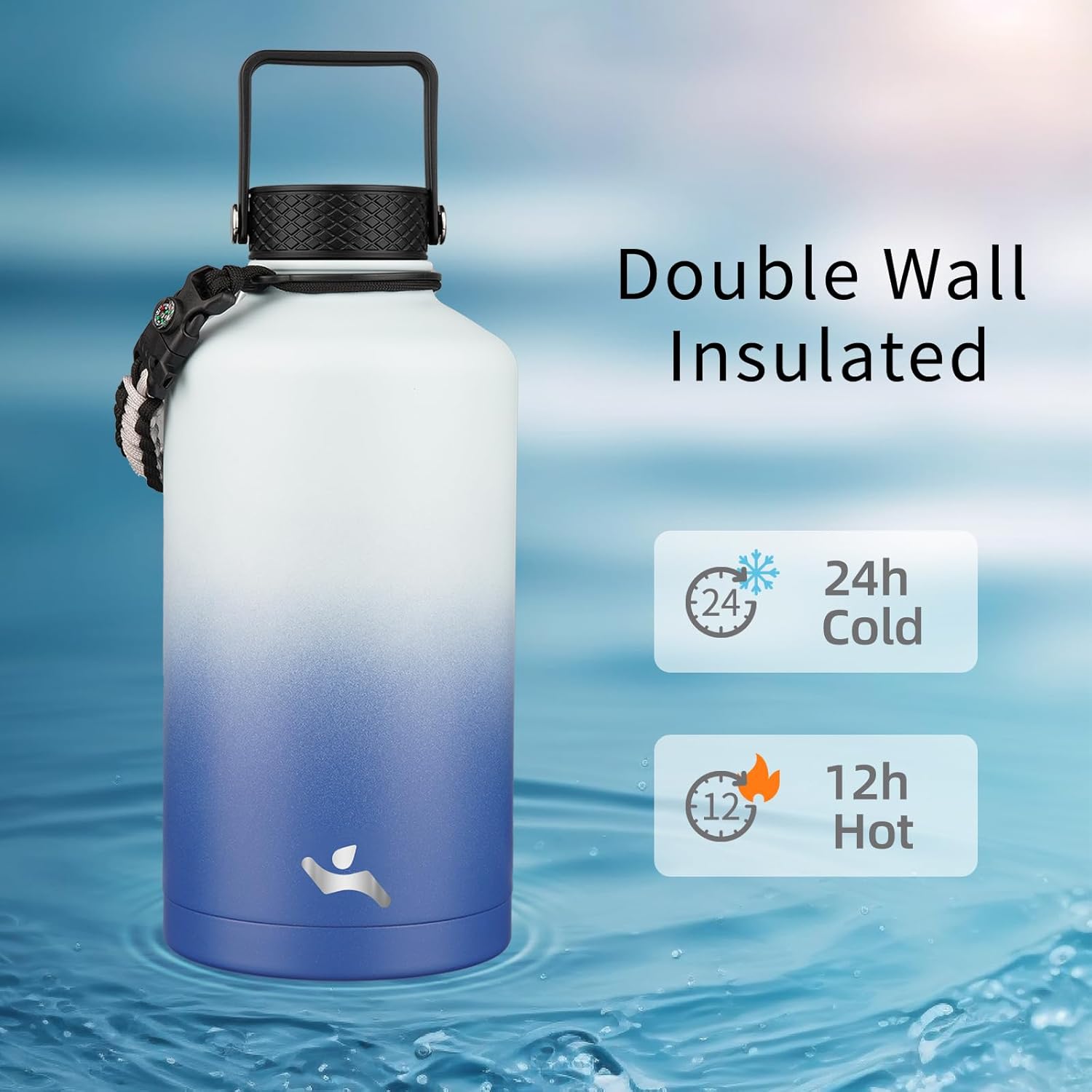 Insulated Water Bottle with Straw,87 oz 3 Lids Water Jug with Carrying Bag,Paracord Handle,Double Wall Vacuum Stainless Steel Metal Flask,Sky