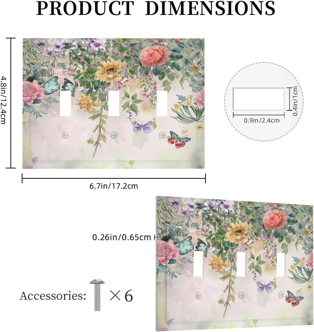 Light Switch Covers Rustic Floral Watercolor Flower Blossom Butterfly 3 Gang Wall Plates Triple Toggle Outlet Cover Decorative Switchplates Electrical Panel Cover for Kitchen Living Room 4.8 X 6.7 IN