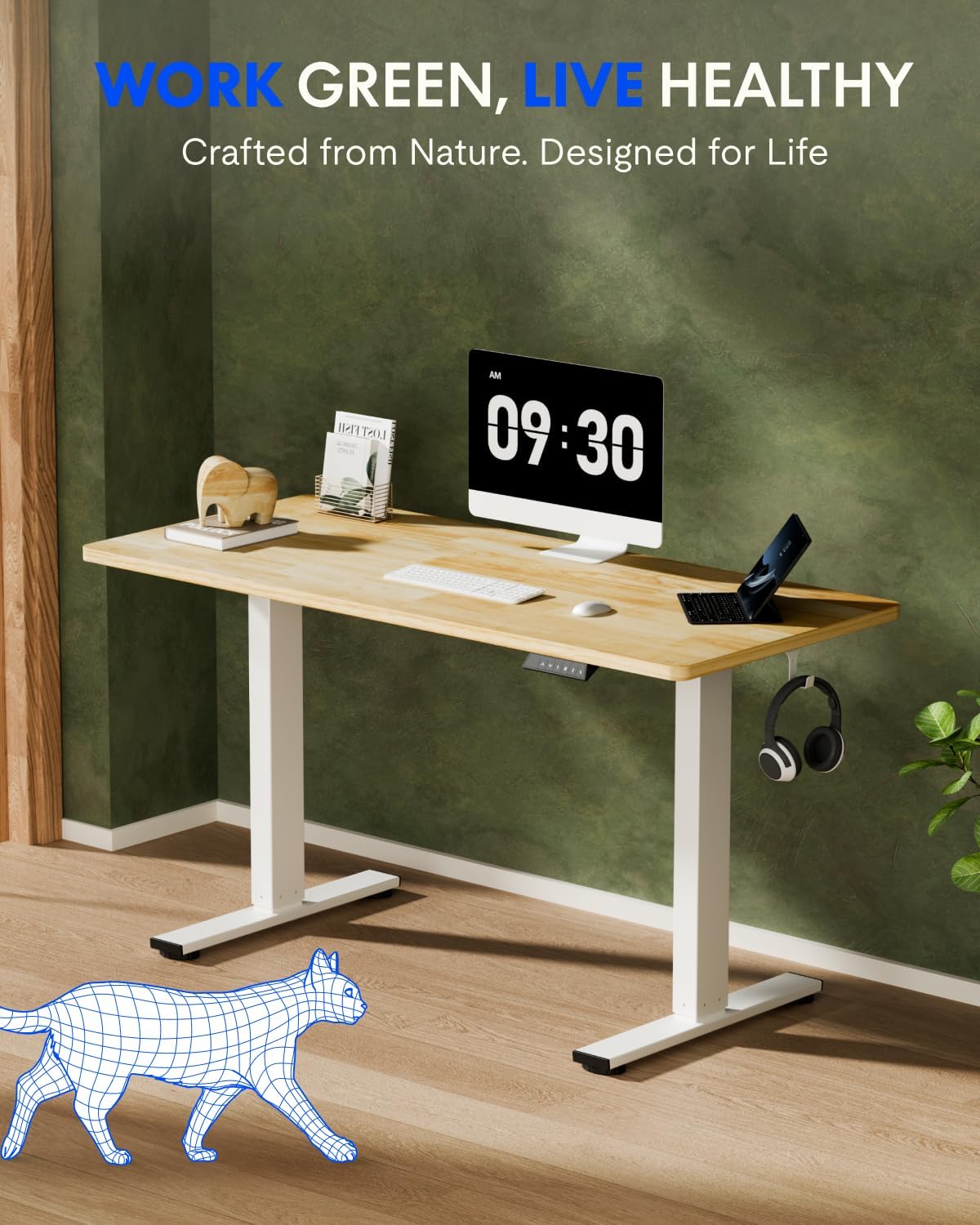 FLEXISPOT EN1 One-Piece Solid Wooden Standing Desk 63 x 24 Inches Height Adjustable Electric Sit Stand Home Office Desks (White Frame + Rubber Wood Top, 2 Packages)