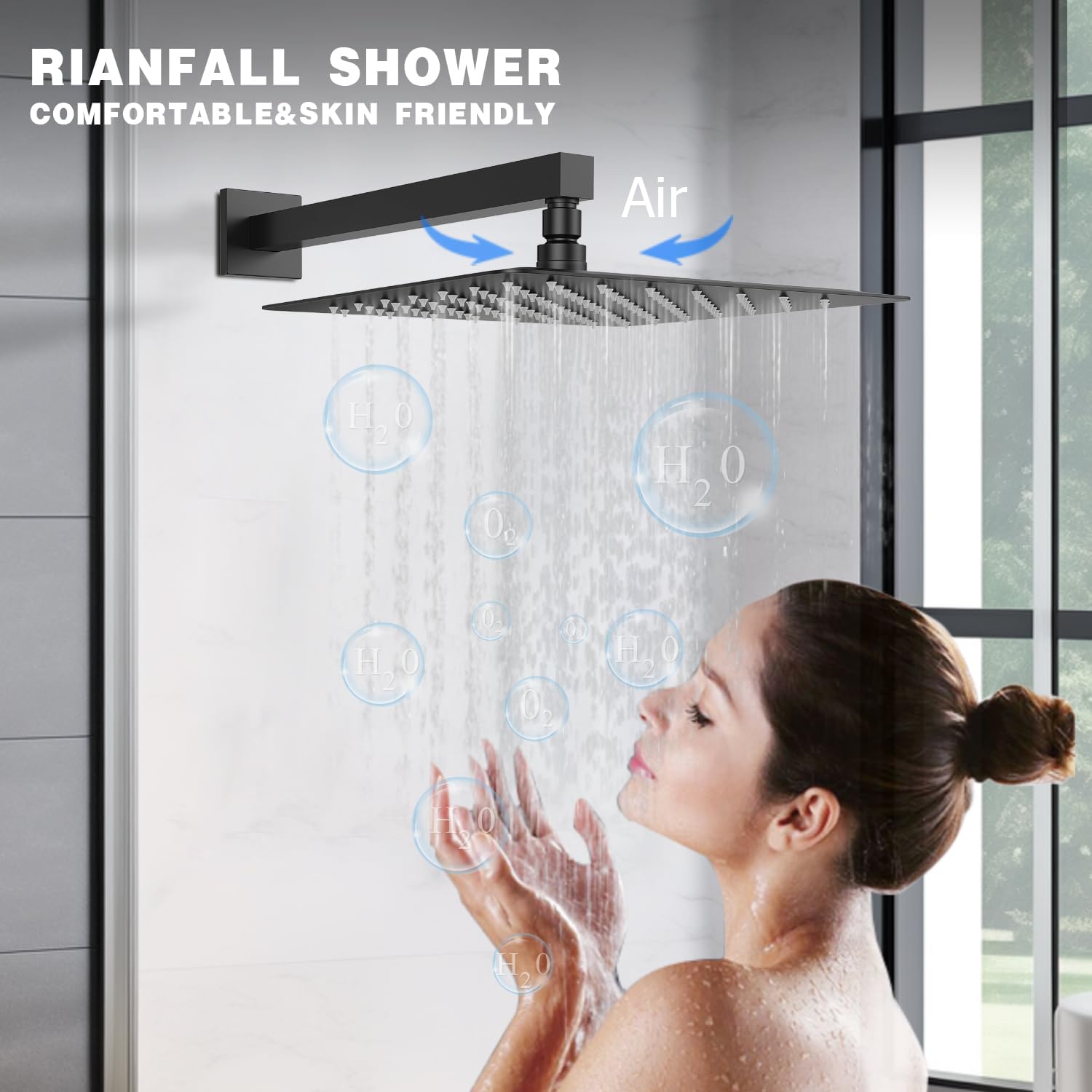 Rainfall Shower System with Handheld Spray and 12" Rain Shower Head, Can Be Use at Same Time, Push Button Multi Shower Head System for 2 People, Matte Black