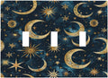 Decorative Switch Plates Modern Abstract Sky Blue Gold Moon Sun Star 3 Gang Wall Plate Triple Toggle Light Switch Cover Faceplate Electrical Wall Panels for Bedroom Kids room Decor