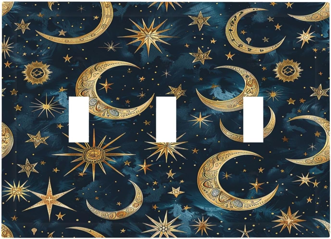 Decorative Switch Plates Modern Abstract Sky Blue Gold Moon Sun Star 3 Gang Wall Plate Triple Toggle Light Switch Cover Faceplate Electrical Wall Panels for Bedroom Kids room Decor