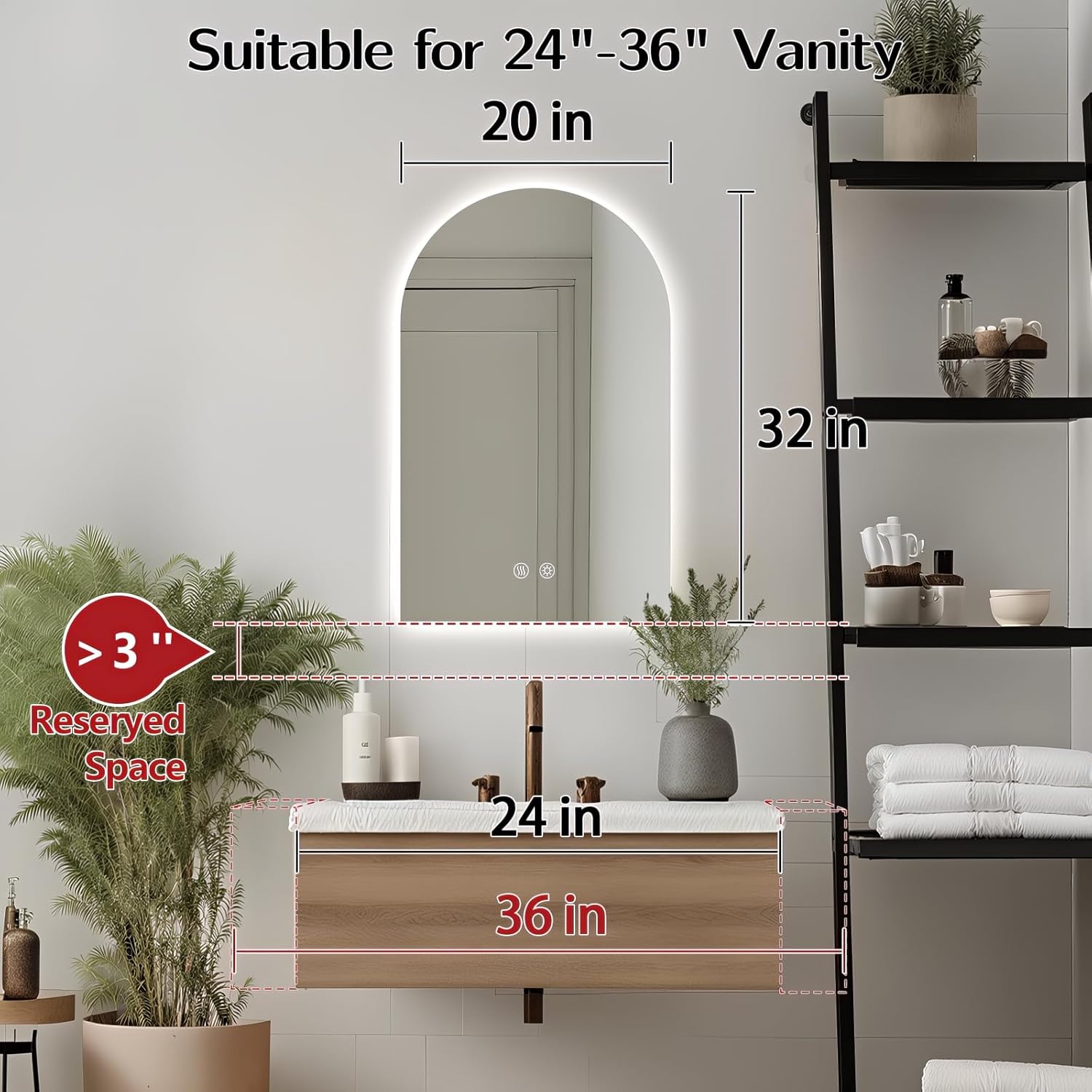 Niccy Arched LED Bathroom Mirror, 32x20 Inch Arch Frameless Backlit Mirrors for Wall Arched Lighted Vanity Mirrors Defogger and 3 Color, Explosion-Proof, HD Glass and IP65 Waterproof