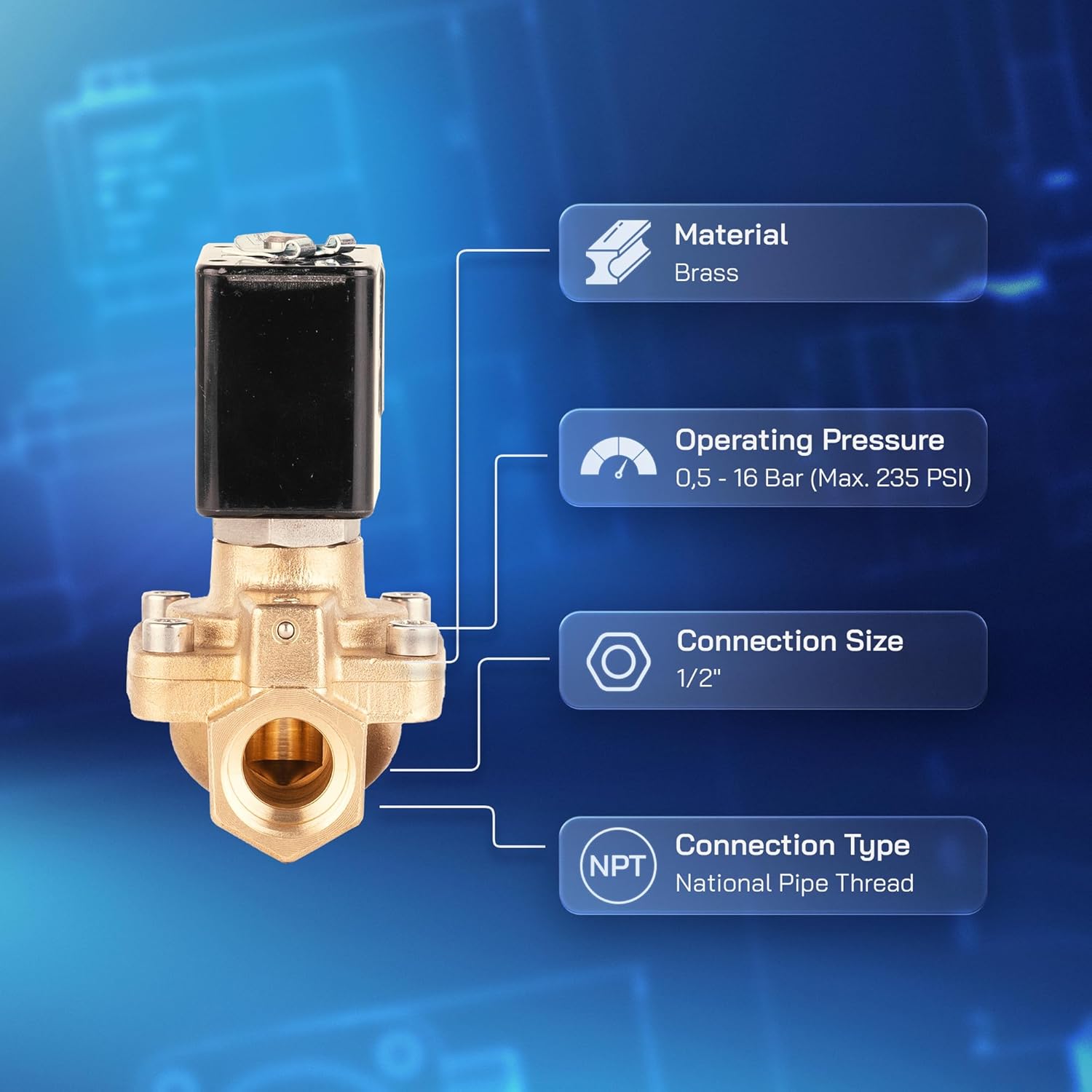 UNOX 1/2" NPT Solenoid Valve 220V AC, Brass Control Valve Normally Closed - 7-232 PSI Multi-Purpose Reliable Control Valve for Water, Air, and Gas - Solenoid Valves