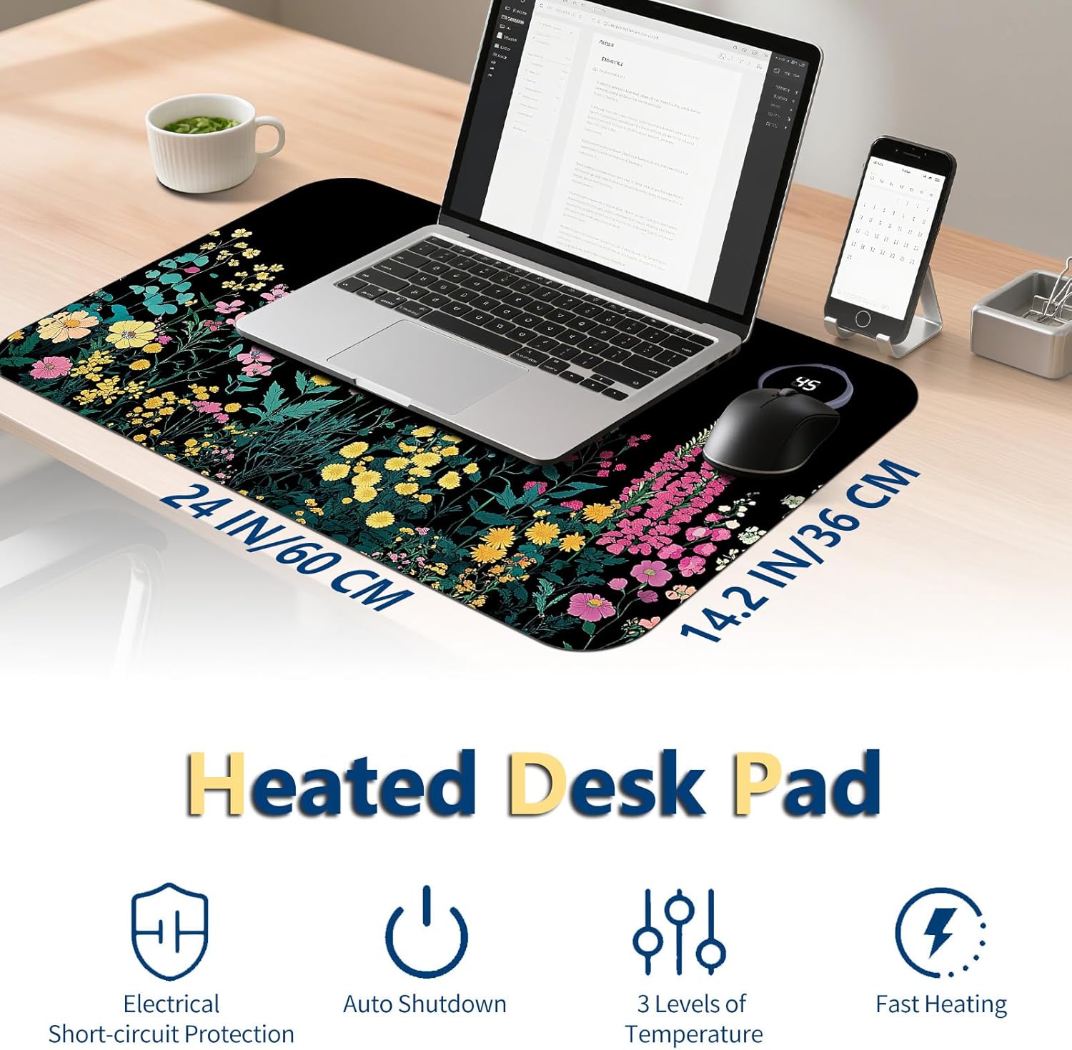 Heated Mouse Pad with 3 Temperature Settings(104°F–122°F),Large 24x14.2 Inch PU Leather Heated Desk Mat,Waterproof Warming Pad for Office,Gaming & Cold Hands Relief,Garden Flowers
