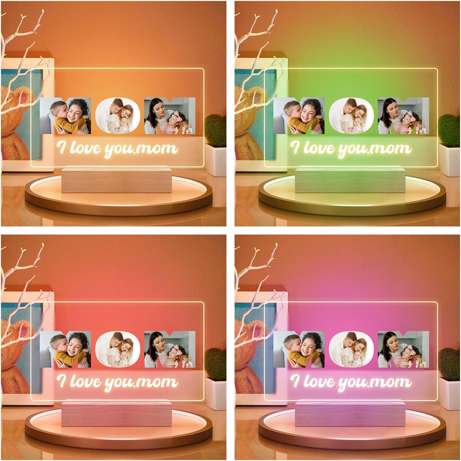 Custom Mom Picture Frame with Photo, Personalized Photo Frame with Night Light, Customized Picture Frames, Personalized Valentines Day Gifts for Mom from Daughter & Son