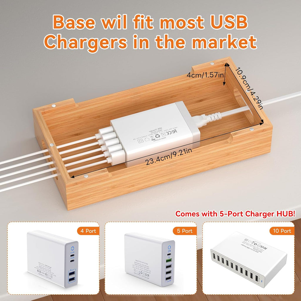 Pezin & Hulin Bamboo Charging Station with Watch Stand, Docking Holder for Multi Device with 5 Port USB Charger HUB, 5 Charge Cables, Desktop Electronic Organizer for Cellphone, Tablet, Watch