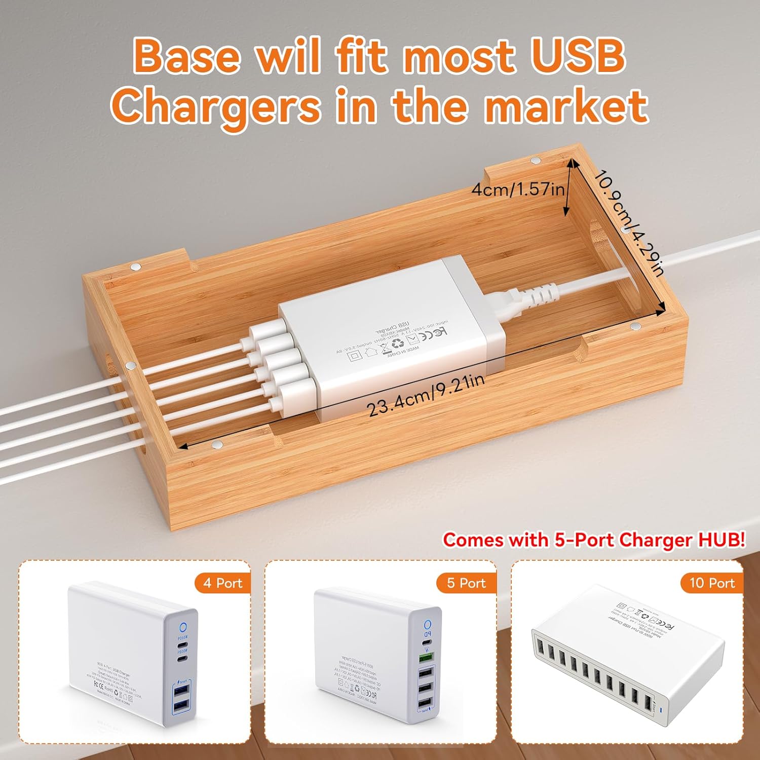 Pezin & Hulin Bamboo Charging Station with Watch Stand, Docking Holder for Multi Device with 5 Port USB Charger HUB, 5 Charge Cables, Desktop Electronic Organizer for Cellphone, Tablet, Watch
