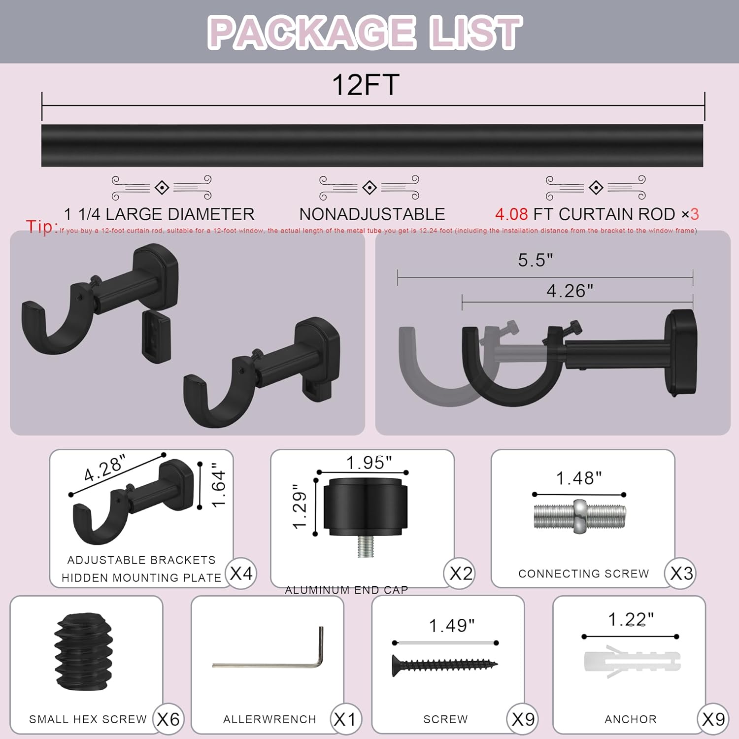 Heavy Duty Curtain Rods,1 1/4" Large Diameter Premium Nonadjustable Curtain Rod,144in/12ft Custom Window Treatment Rods with Durable Aluminum Brackets and End Caps,Black Finish