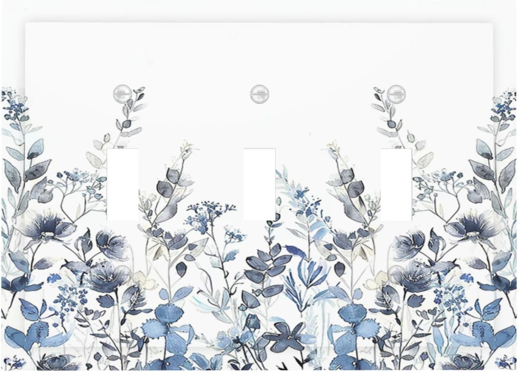 Decorative Switch Plates Light Blue Watercolor Leaves Plant With Floral 3 Gang Wall Plate Triple Toggle Light Switch Cover Faceplate Electrical Wall Panels for Bedroom Bathroom Decor