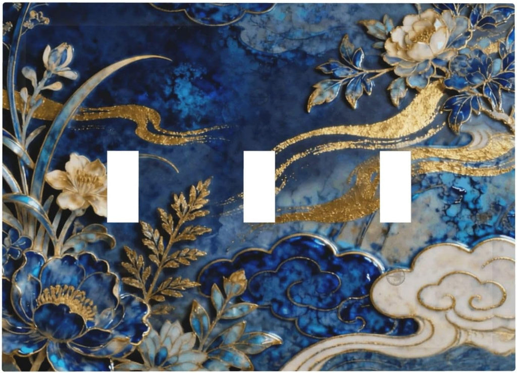 Decorative Light Switch Cover Plate Blue White Flower Gold Line Cloud 3 Gang Wall Plates for Electrical Outlets Triple Toggle Switch Plate Covers Outlet Covers Faceplate for Home Decor