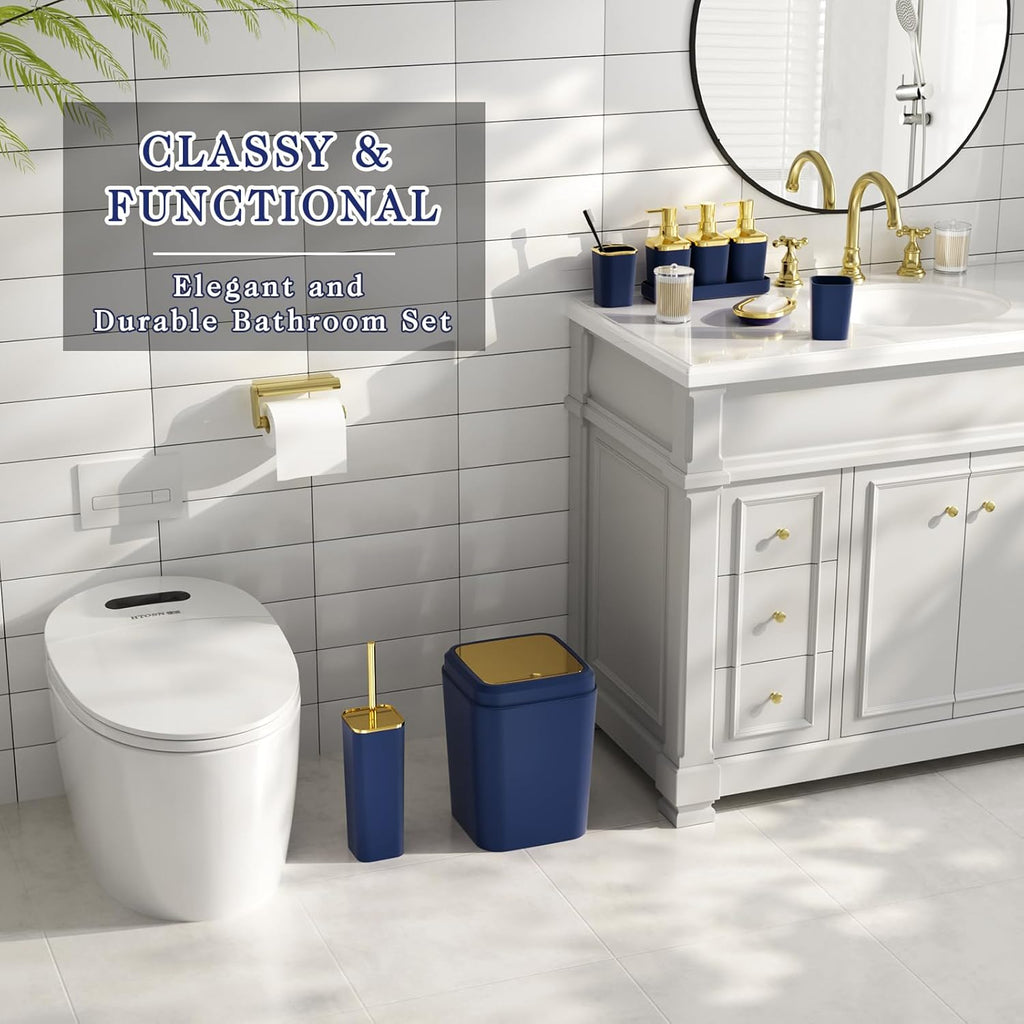Bathroom Accessory Set, 11PC Bathroom Set, Navy Blue Bathroom Accessories, Bathroom Accessories Set with Trash Can, 3PC Soap Dispensers and Toilet Brush