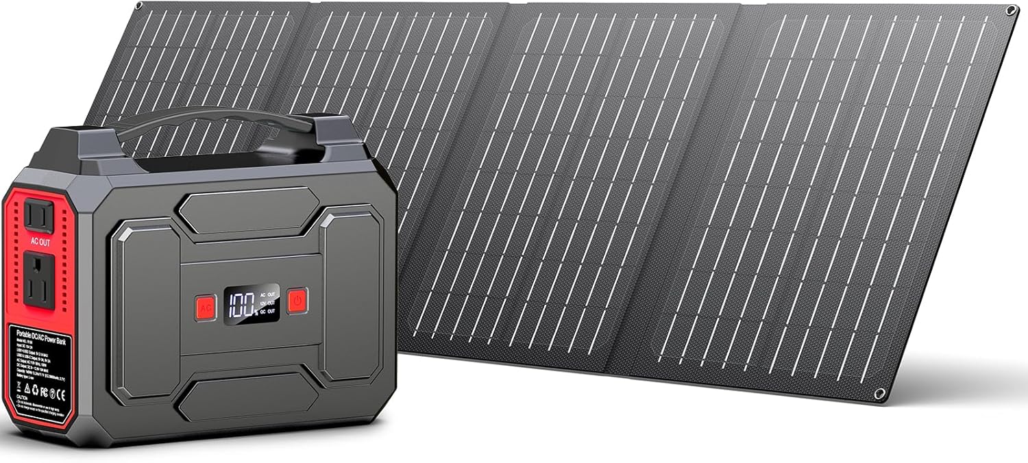Apowking Solar Powered Generator 200W Peak/100W Rated, Portable Power Station with Solar Panels 40W Included, 146Wh Solar Power Bank with AC Outlet 110V for Home Use Camping Outdoor Adventure
