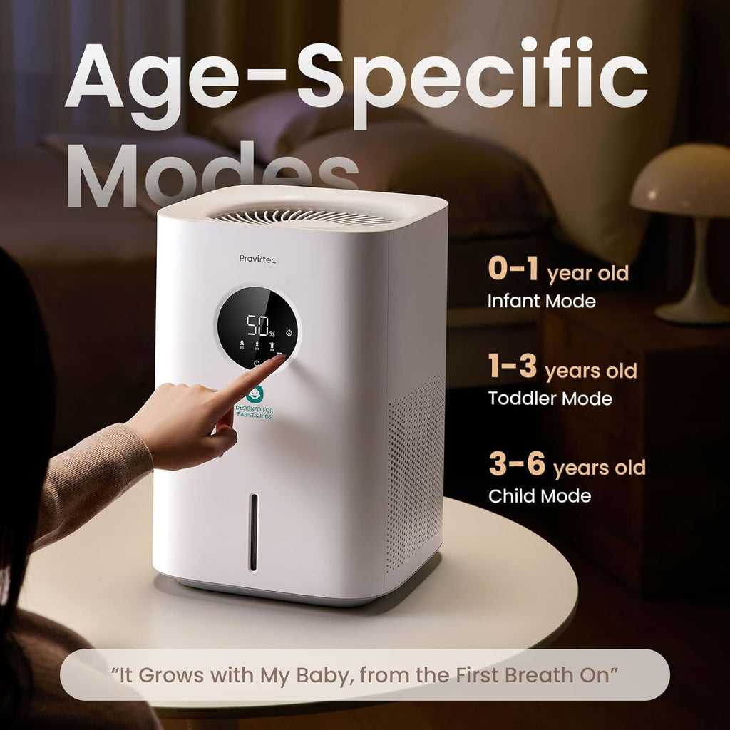Pro Baby Evaporative Humidifier for Bedroom, MistFree & No White Dust, BPA-Free and 16dB Quiet Sleep for kids, 3 Age-Modes, Auto Control, Tap Water Safe, 4L Easy Clean Tank for Nursery