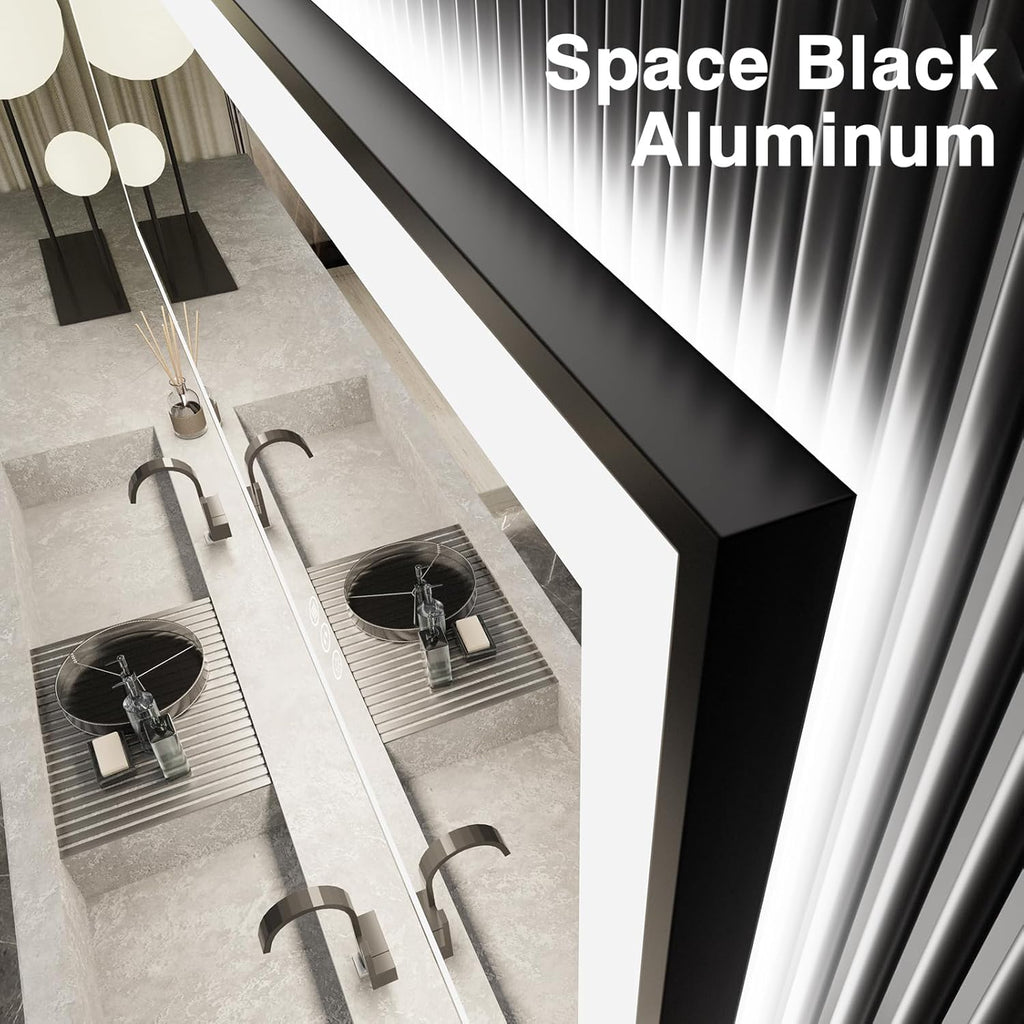 44x32 Bathroom Mirror with LED Lights - Black Framed, Front and Backlit Mirror, Anti-Fog LED Vanity Mirror, 3 Colors and Dimmable Mirror, Waterproof, Corrosion Proof (Horizontal/Vertical)