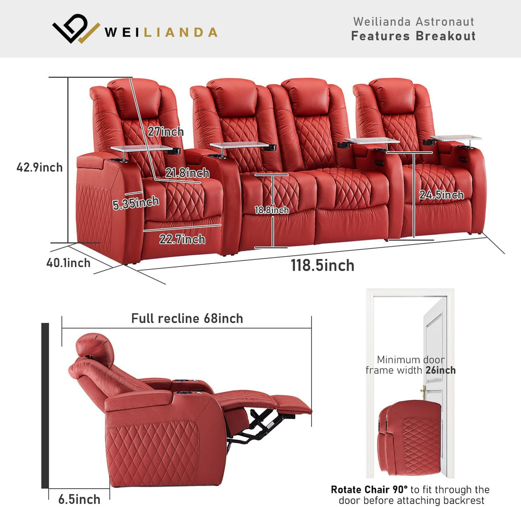 Weilianda Home Theater Seating Top Grain Leather Zero Gravity Recliner Chair Power Headrest Recline Movie Seat Gaming 7 Colors Mood Light Sofa with Tray Table USB Charge Row of 4 Loveseat Middle Red