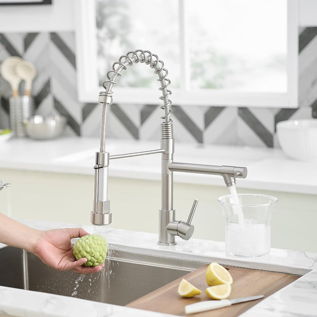 AIMADI Commercial Kitchen Faucet with Dual Spouts, Brushed Nickel Single Handle Stainless Steel Pull-Down Sink Faucet, Suitable for Farmhouse Camper Laundry Rv Bar