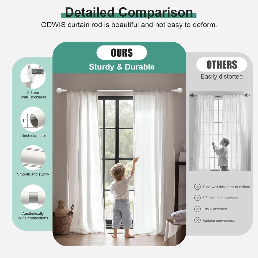 Antique White Ball Curtain Rods for Windows 66 to 120 Inch,1 Inch Heavy Duty Adjustable Curtain Rod,Boho Decorative Drapery Rods Set with Brackets,Size:36''-120''