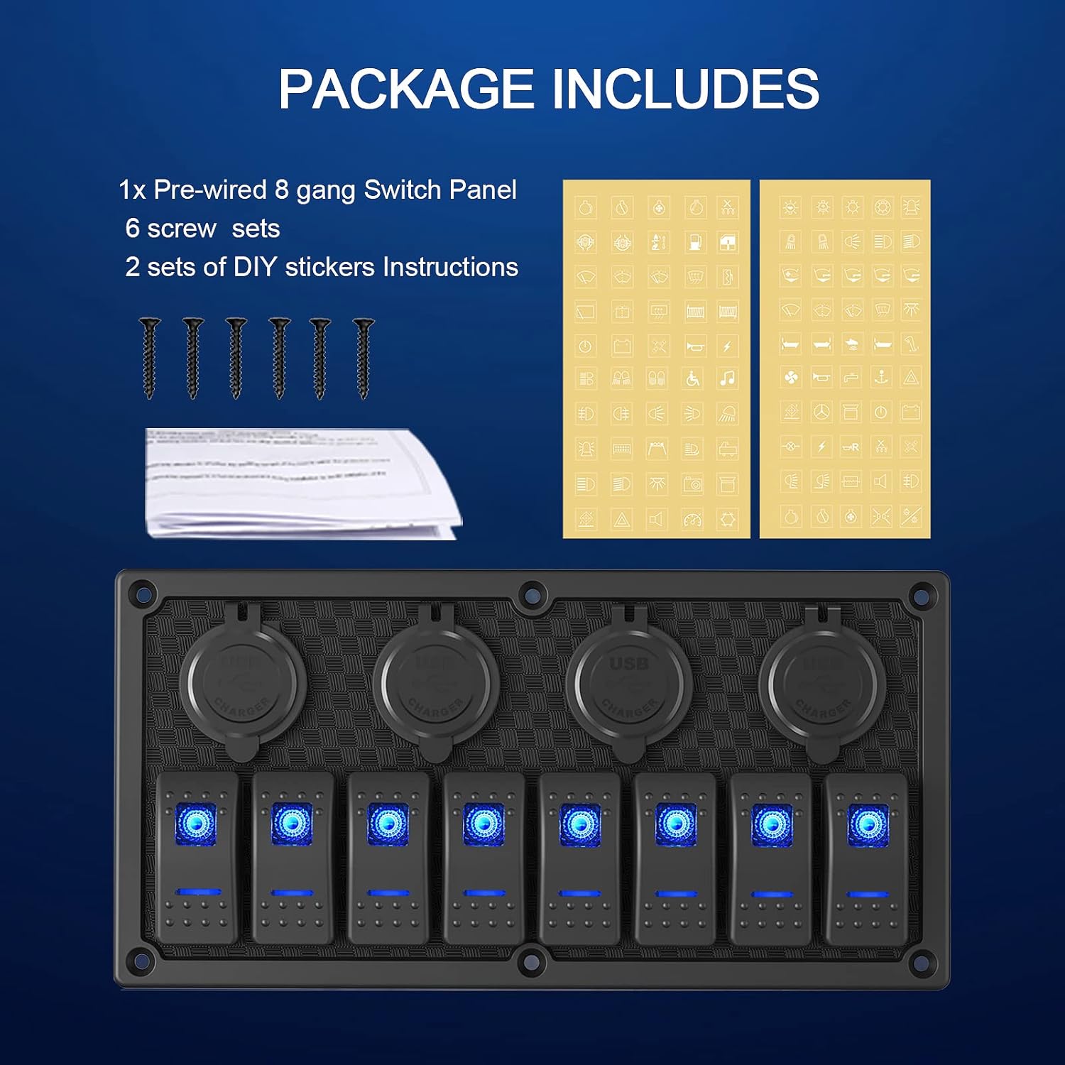 Marine Boat Rocker Switch Panel,Waterproof 8 Gang Toggle Switch Panel with Dual USB and Voltmeter Panel for RVs, Cars, Boats, Trucks,Trailers - 12-24V