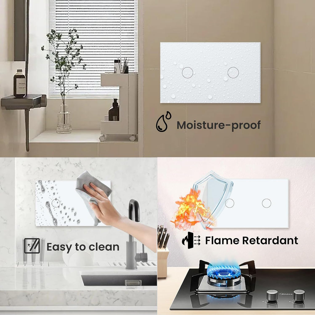 2 Way Light Switch 118X72X34MM No Neutral Wire, Wall Touch Switch 1000W, Tempered Glass Panel, FCC, White 2 Gang
