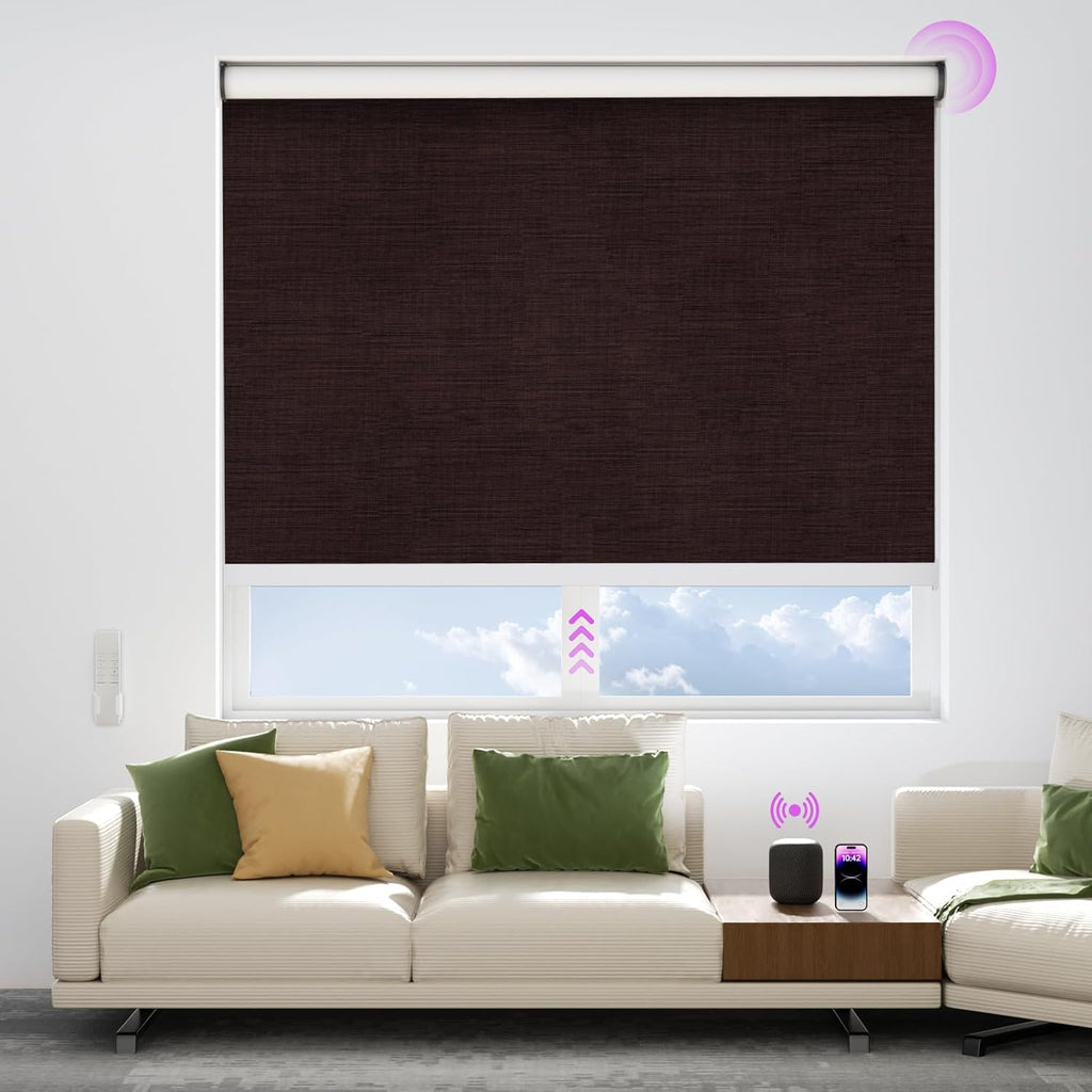 Astomi Motorized Blinds with Remote - Blackout Smart Roller Shades Compatible with Alexa & Goggle Home, Solar Rechargeable, Custom Size 22" - 100" for Indoor Window, Brown