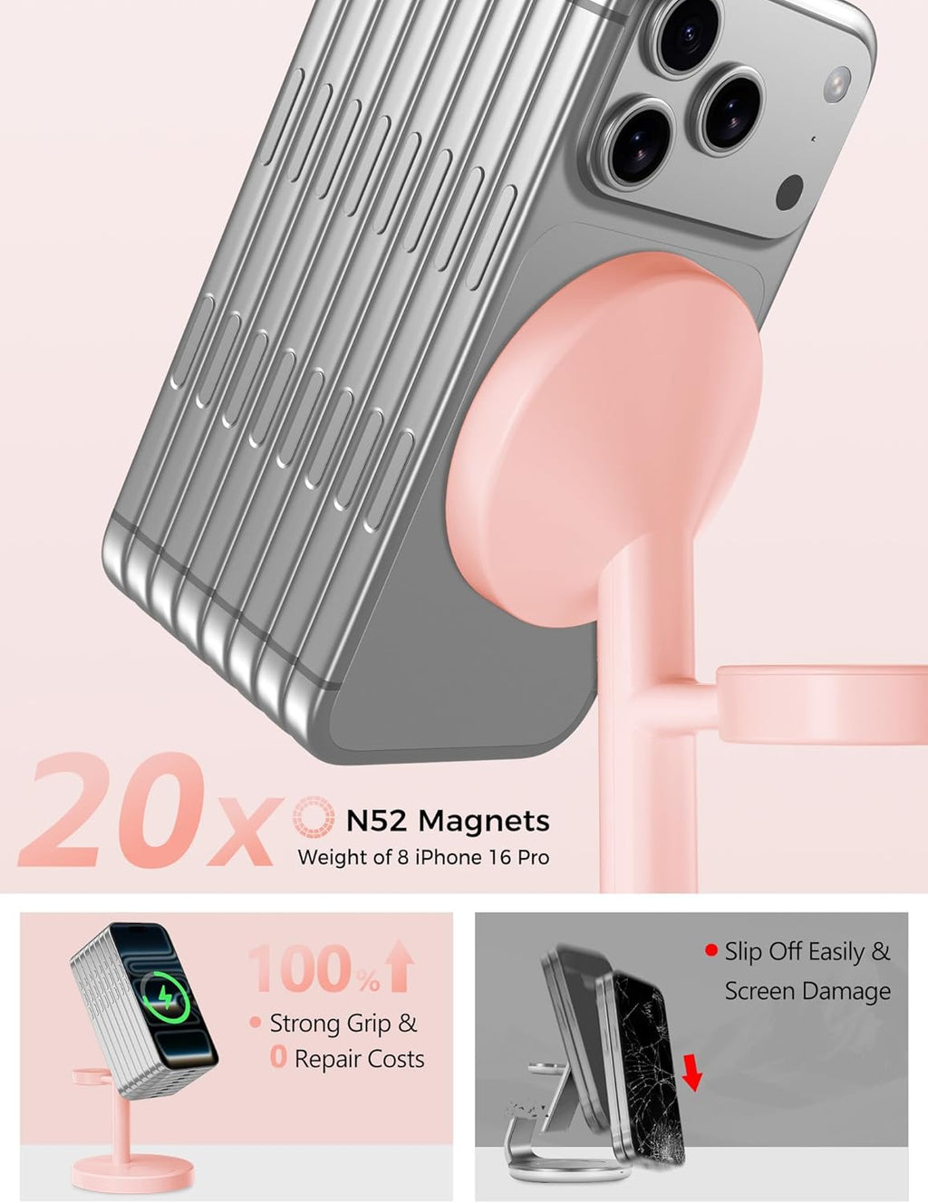 2025 3 in 1 Wireless Charging Station Compatible with MagSafe, 15W Fast Magnetic Mag-Safe Charger Stand for Apple iPhone 17 16 15 14 13 12 iWatch AirPods Pro 4 3 2, Pink