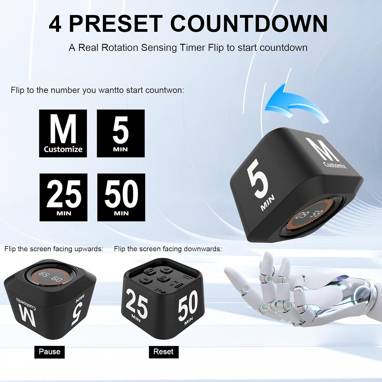 Rotating Cube Pomodoro Timer 5, 25, 10, 50 Min Preset + Custom Countdown, Desk Productivity Flip Visual Timer w/Silicone Case, Silent Mode, Ideal for ADHD Tool Study Work School (Black)