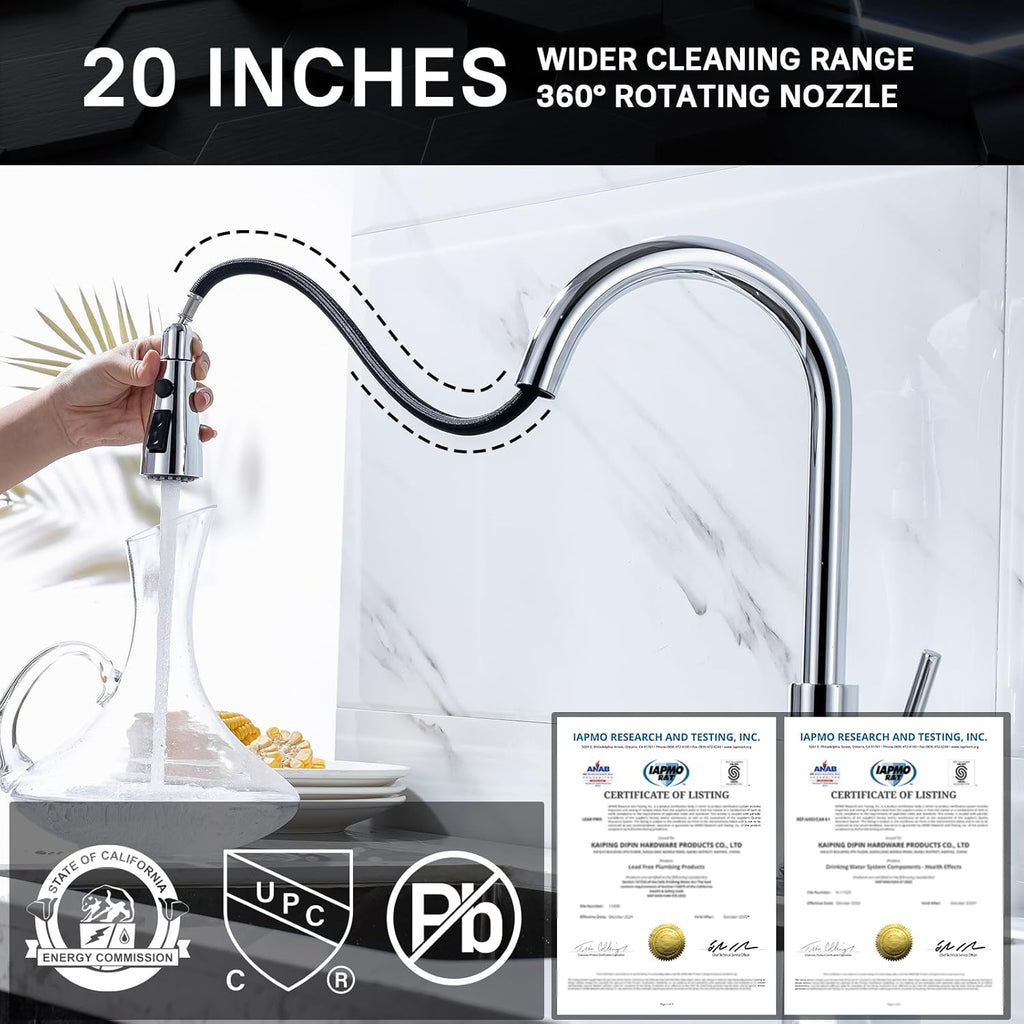WEWE Sink Faucet, Pull Down Kitchen Faucet with Sprayer Low Lead Commercial Modern Stainless Steel rv Farmhouse Kitchen Faucet Single Handle 1 or 3 Hole Kitchen Sink Faucet, Polished Chrome