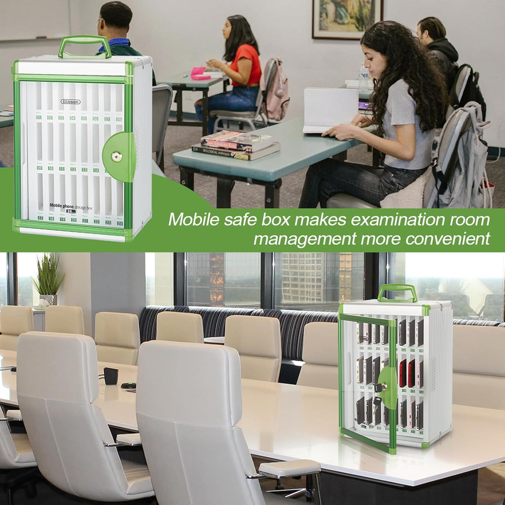 Glosen 36 Slots Cell Phone Locker, Portable Phone Storage Cabinet [Wall Mounted] [Aluminum Alloy] Cellphone Lock Box with Key & Handle for School Classroom Office Exam (Green)