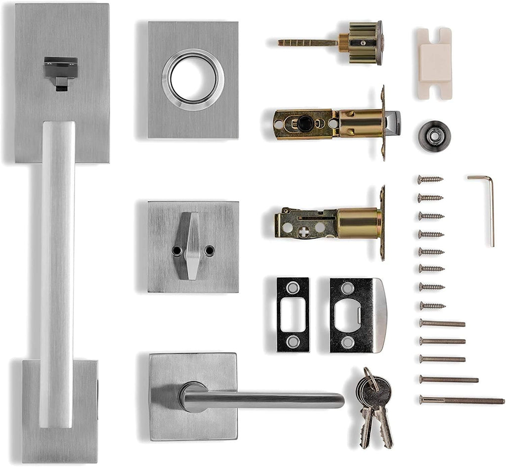 Berlin Modisch HandleSet Front Door Entry Handle and Deadbolt Lock Set Slim Square Single Cylinder Deadbolt and Lever Reversible for Right & Left Sided Doors Heavy Duty – Satin Nickel Finish
