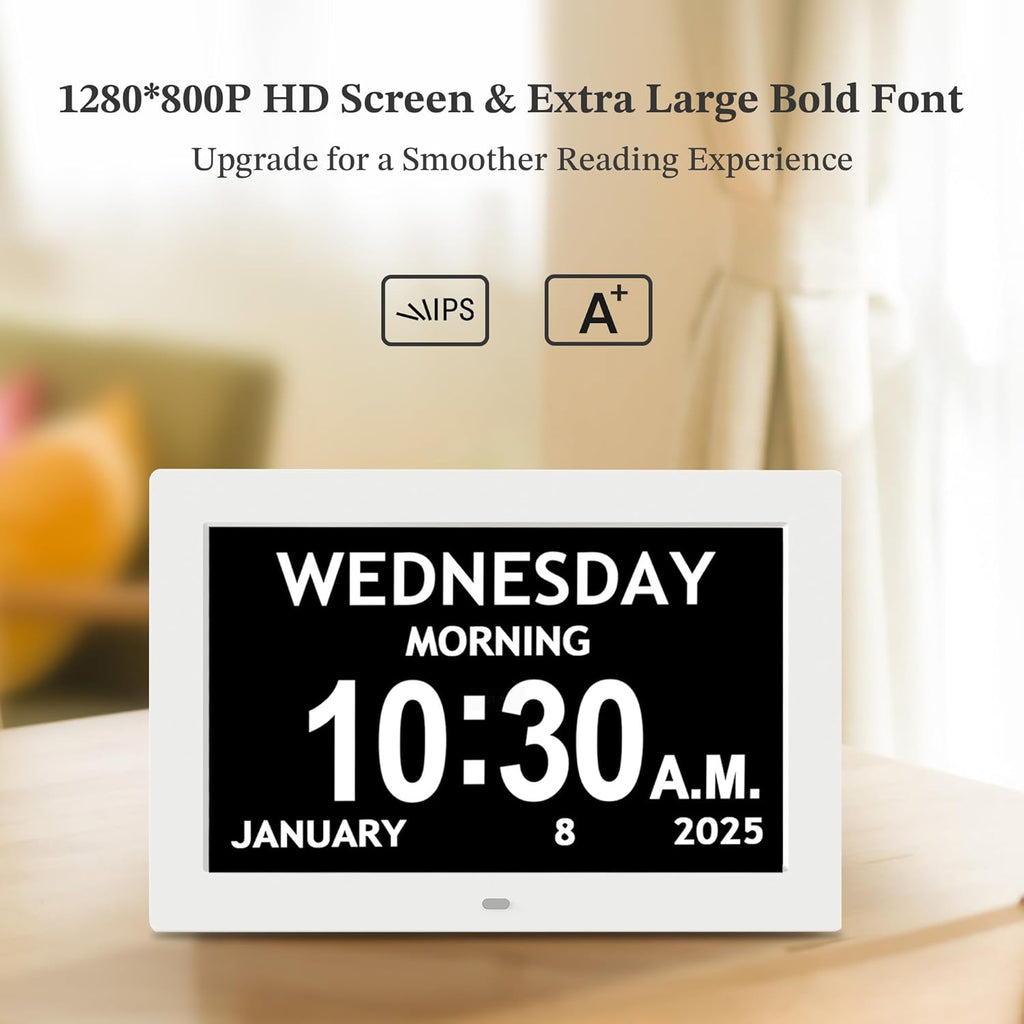 10.1'' Digital Clock, 1280*800p HD Extra Large Display, Dementia Clock For Seniors, 10 Reminders & 6 Alarms, Auto Dimming & DST, Remote Control, Digital Clock With Date, Time, Day Of Week, White