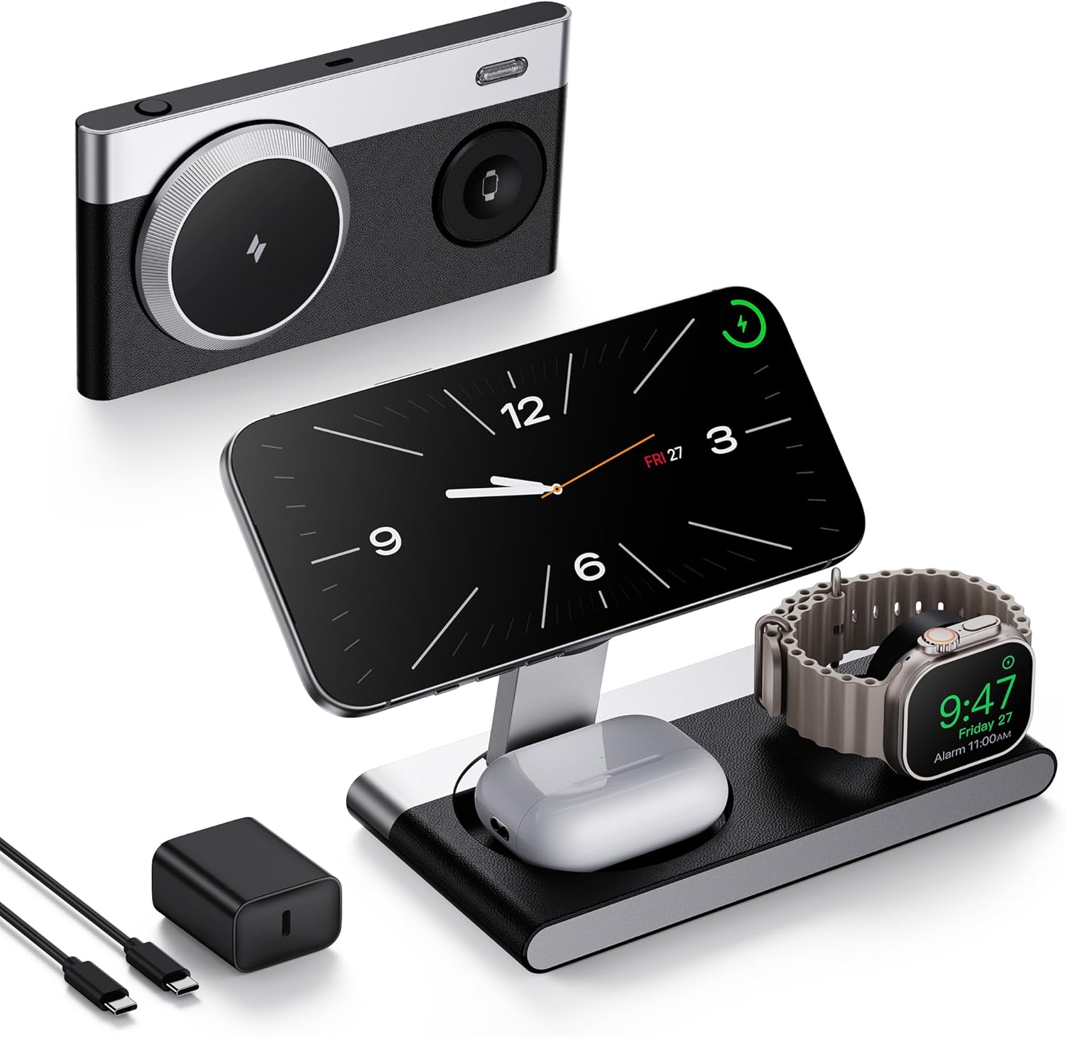 Foldable 3 in 1 Magnetic Wireless Charging Station for Apple Devices, Leather-Like Fast Wireless Charger Dock with Night Light for Magsafe iPhone 17/16/15/14/13/12 Series, Apple Watch, AirPod