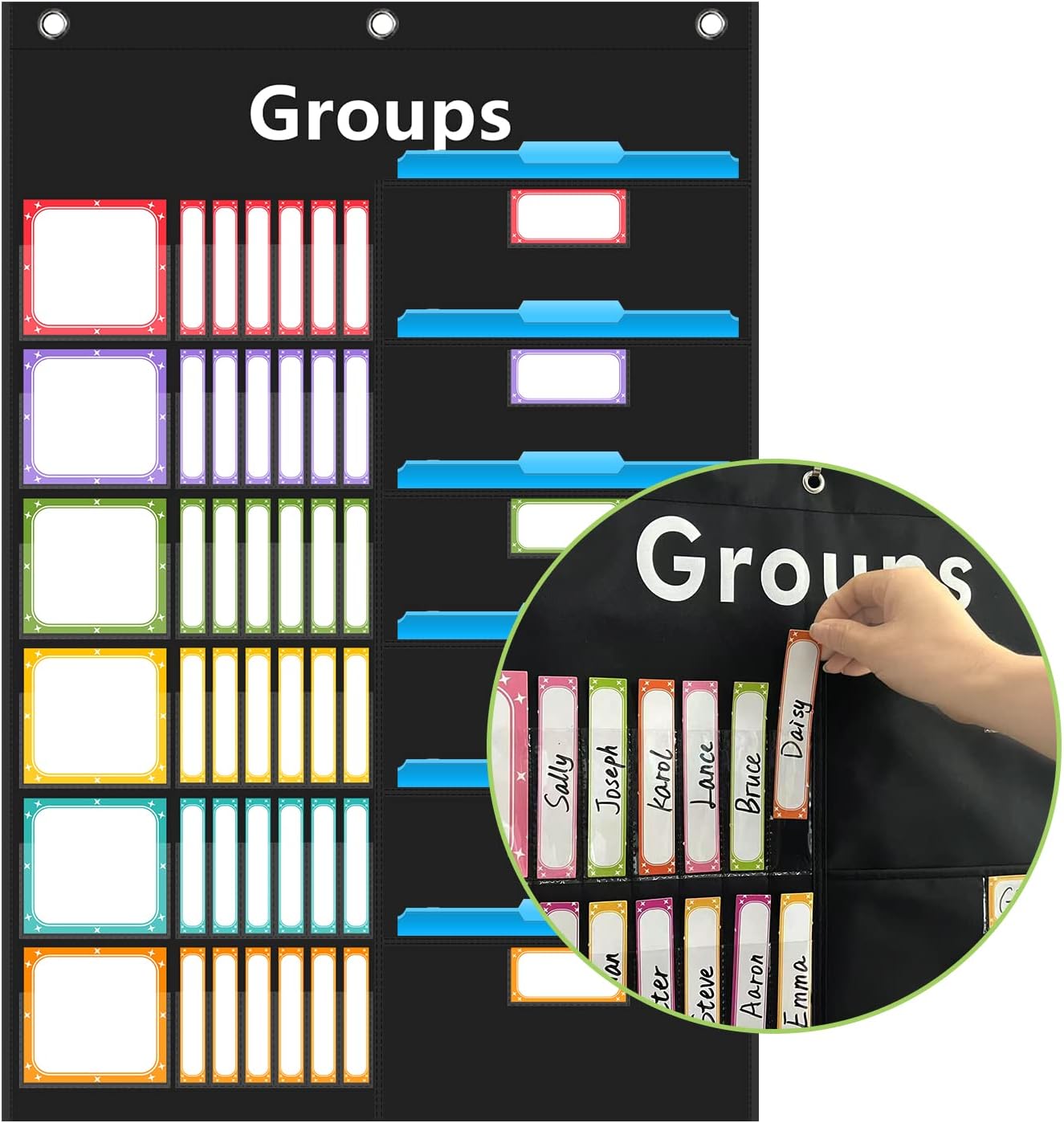 REGELETO Small Group Management Pocket Chart with 96 Cards Classroom Jobs Chart Small Group Organizer and on Task for School Teacher Homeschool Learning Supplies (Black)