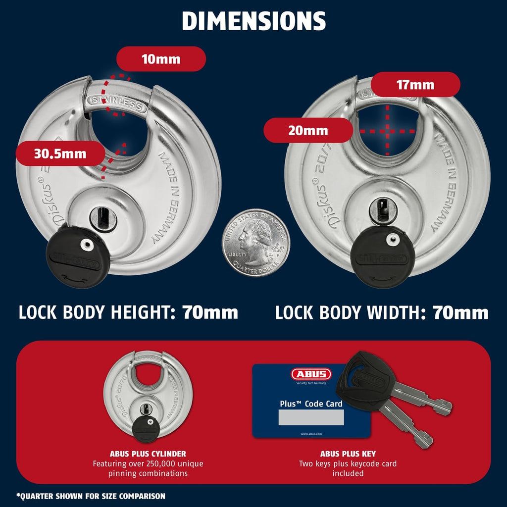 ABUS - Diskus 20/70 Padlock with Key - 2 Pack (2.75") 70mm - Heavy Duty Stainless Steel - Cut, Rust & Drill Resistant - Storage & Outdoor - Pad Lock with 2 Keys (Keyed Different) - Locker Lock