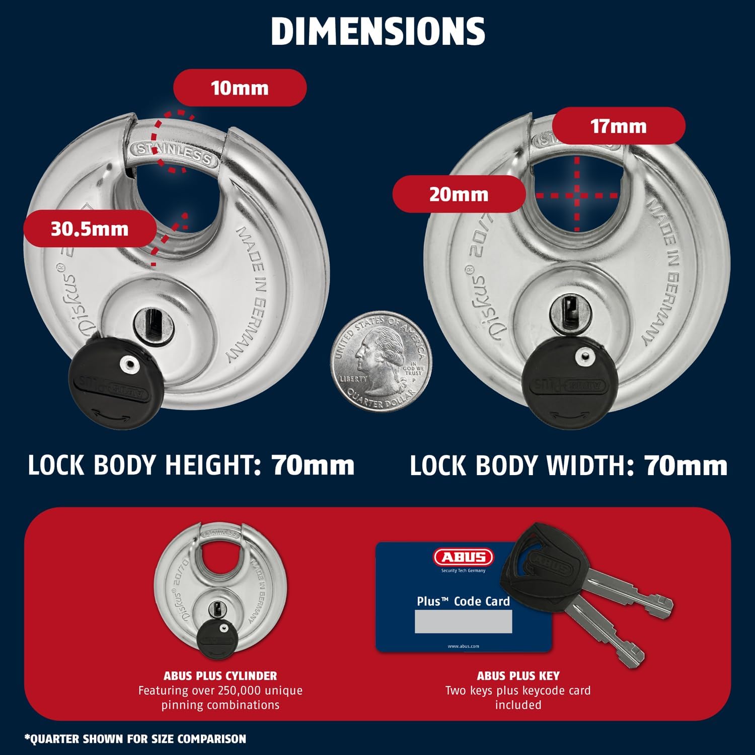 ABUS - Diskus 20/70 Padlock with Key (2.75") 70mm - Heavy Duty Stainless Steel - Cut, Rust & Drill Resistant - Storage & Outdoor - Pad Lock with 2 Keys (Keyed Different) - Locker Lock - Home Security