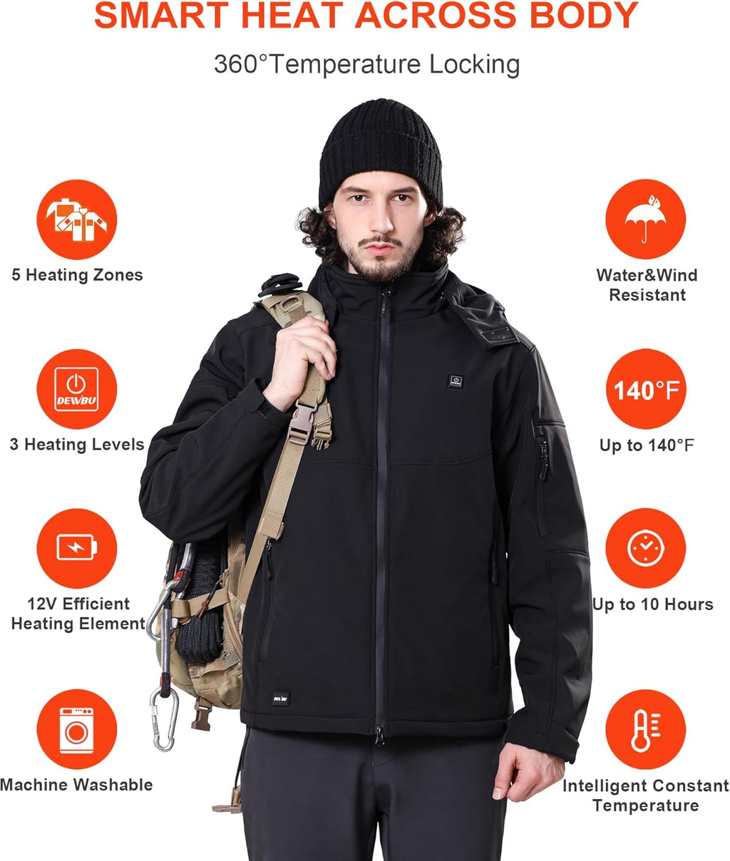 DEWBU Soft Shell Heated Jacket for Men with 12V Battery Pack and Detachable Hood Outdoor Electric Heating Coat