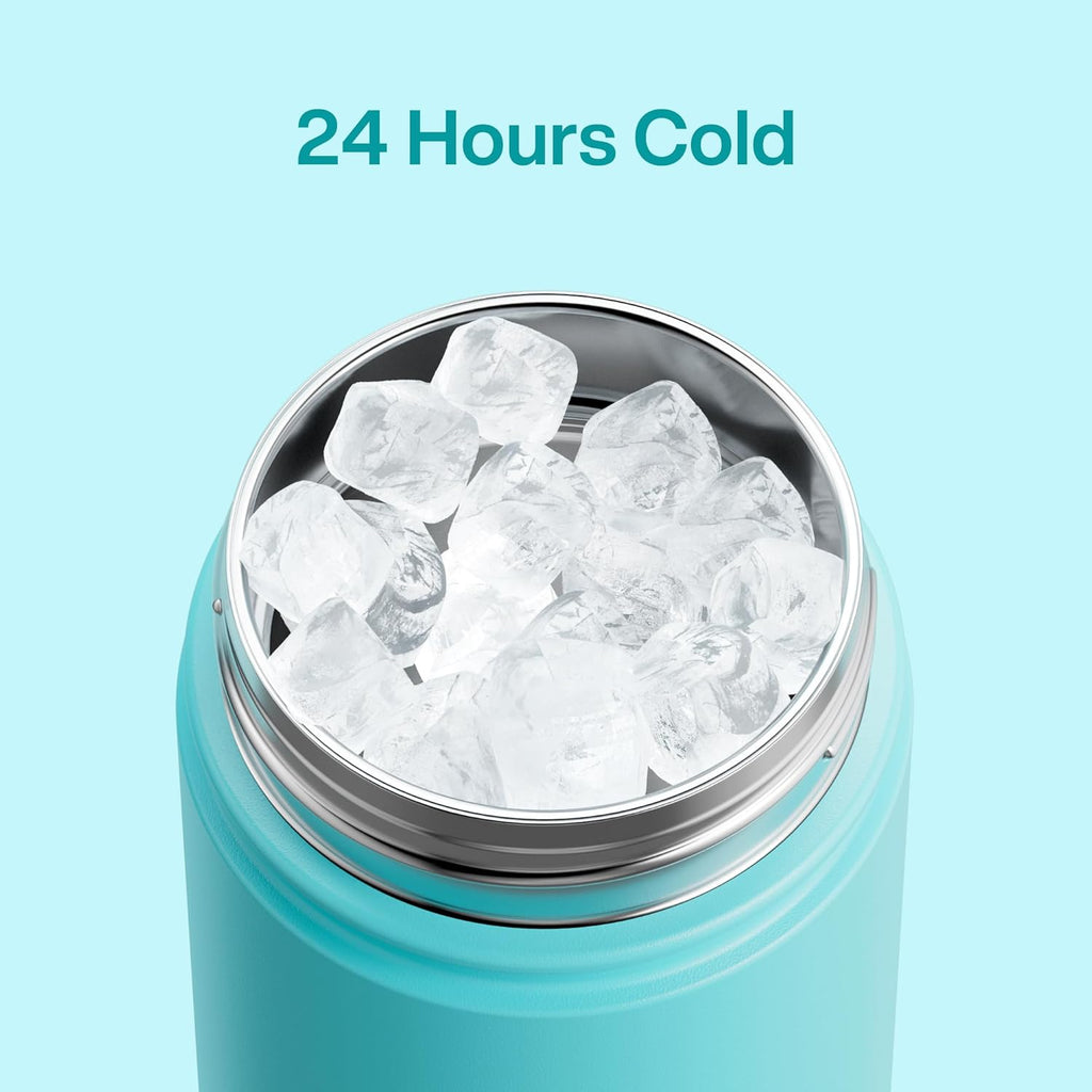 Kids Insualated Water Bottle with Straw - 12oz Stainless Steel Water Bottle with Dual Spouts, Leak-Proof, BPA-Free, Double Wall Vacuum Keeps Cold for 24 Hours for Sports, Travel (Aquamarine Blue)