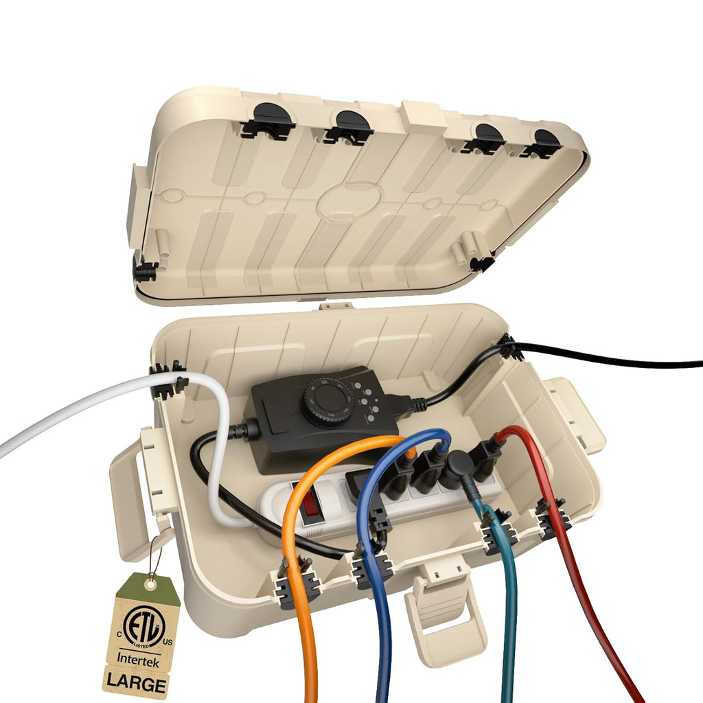 Flemoon Outdoor Electrical Box Waterproof, IP54 Waterproof Extension Cord Cover, Protect Outlet, Plug, Socket, Timer, Power Strip, Holiday Light, Large Weatherproof Connection Box, Almond