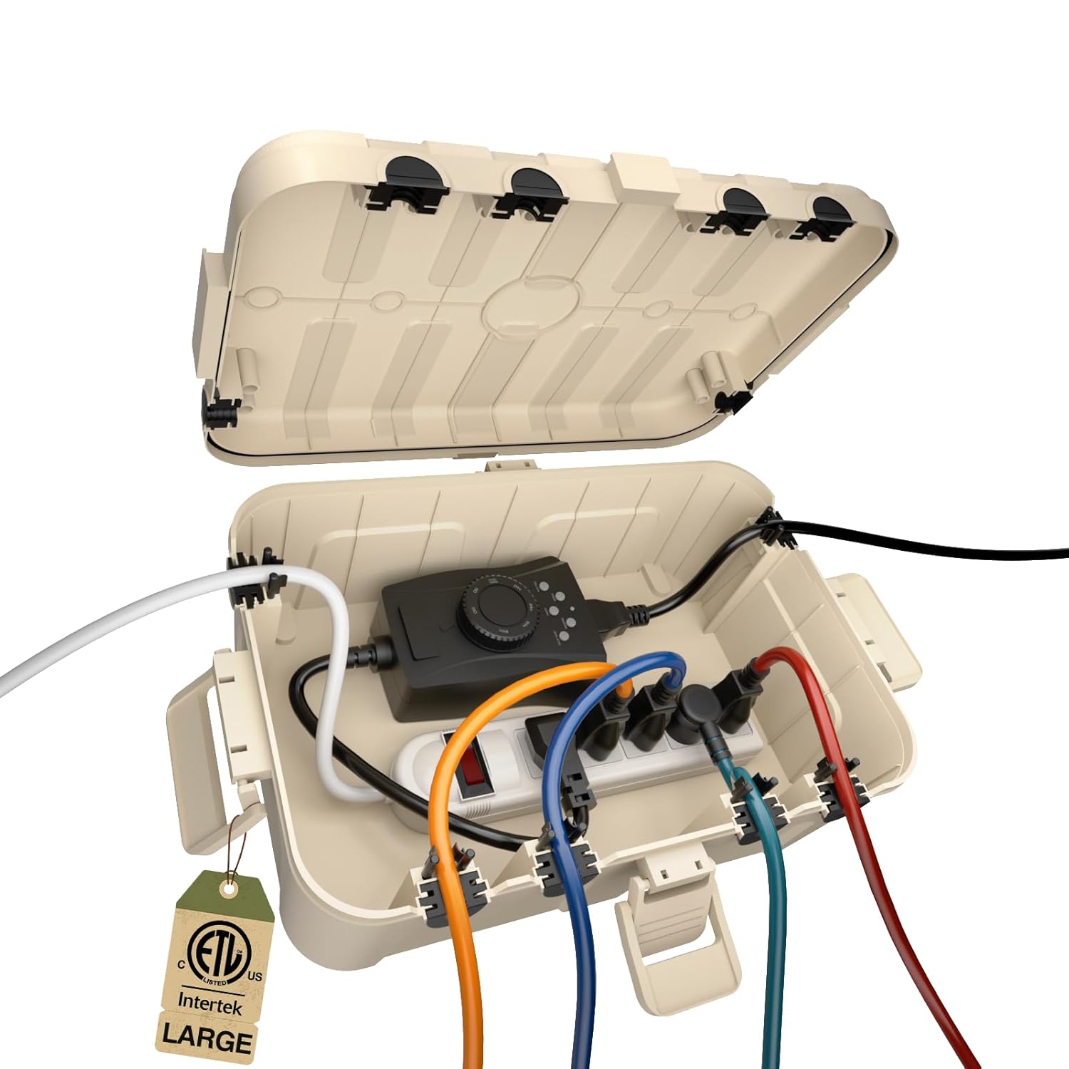 Flemoon Outdoor Electrical Box Waterproof, IP54 Waterproof Extension Cord Cover, Protect Outlet, Plug, Socket, Timer, Power Strip, Holiday Light, Large Weatherproof Connection Box, Almond